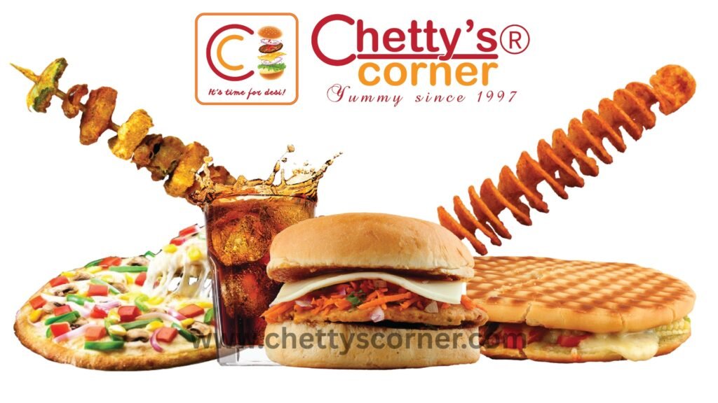 Chetty's Corner signature menu items featuring the original Twistato potato twister, Bun Nippat Cheese, customized pizza, sandwich pizza, and masala coke.