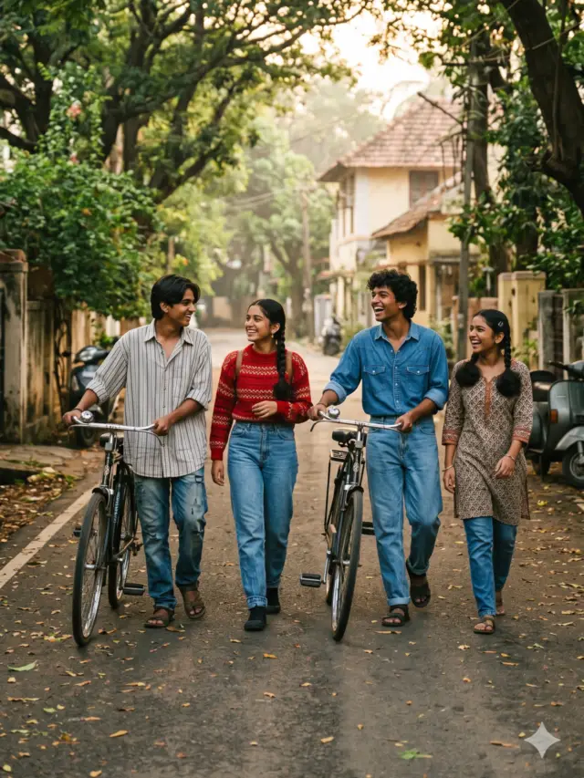 Four teenage friends walking with retro steel bicycles on a tree-lined street in Seshadripuram, Bangalore in 1997, representing the nostalgic era of Chetty's Corner.
