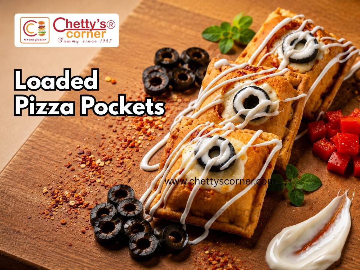 A premium photoshoot display of deep-fried crispy Loaded Pizza Pockets topped with liquid cheese, premium black olives, and white sauce drizzles, showcasing the rich pizza-style filling served at Chetty's Corner.