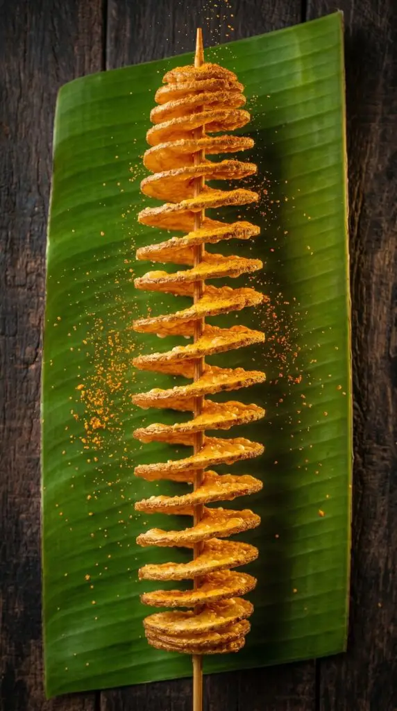 The authentic Jain Twistana raw banana spiral twister seasoned with spices on a fresh green banana leaf background at Chetty's Corner Bangalore.