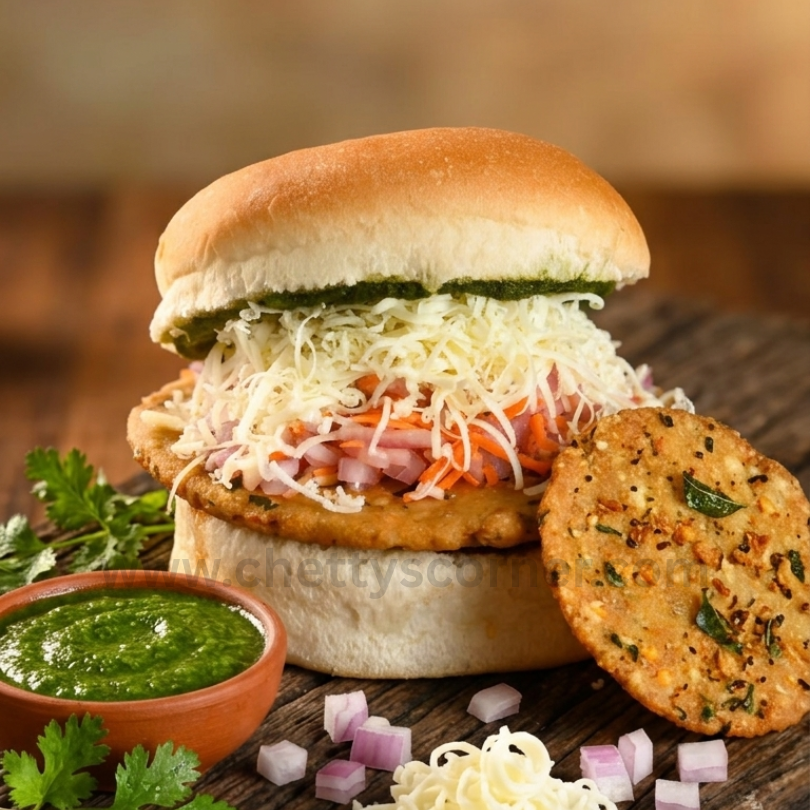 Signature street-style Bun Nippat Cheese stacked high with freshly grated cheese, chopped onions, carrots, and spiced green chutney.