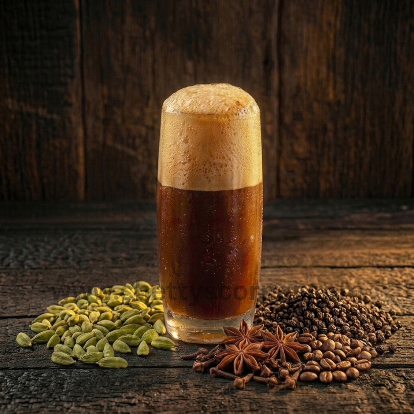 A refreshing, frothy glass of dark masala cold drink surrounded by whole raw spices like cardamom, black pepper, star anise, and cloves.