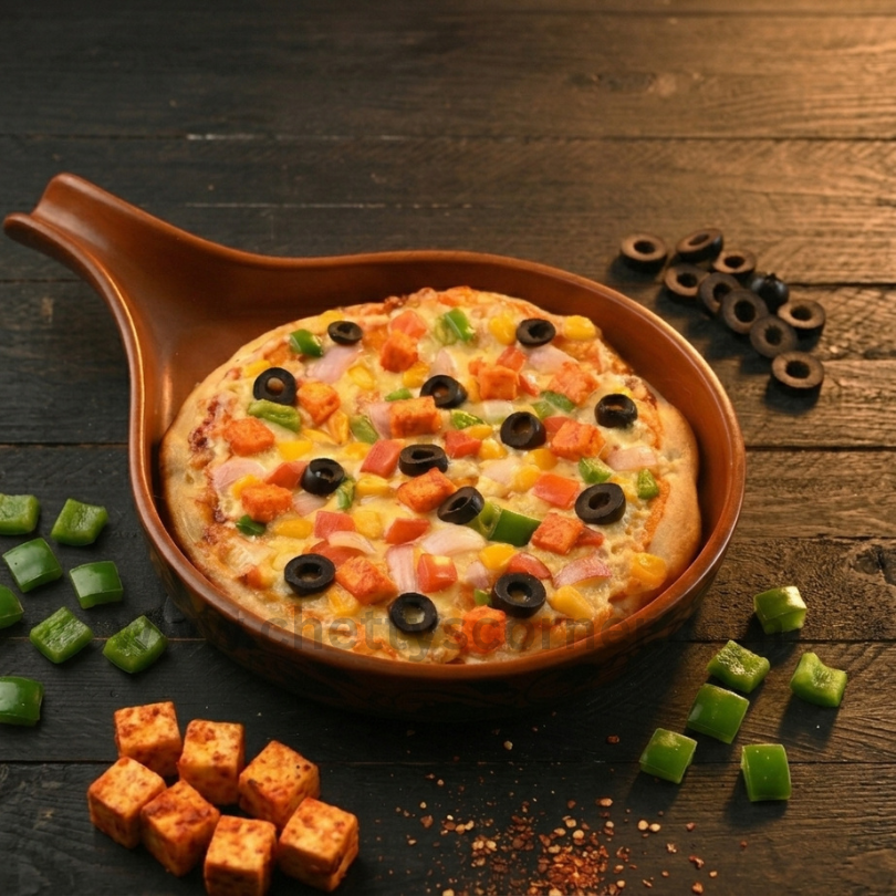Freshly baked fusion Mexican Pizza loaded with paneer cubes, green bell peppers, sweet corn, and black olives in a rustic ceramic pan dish.