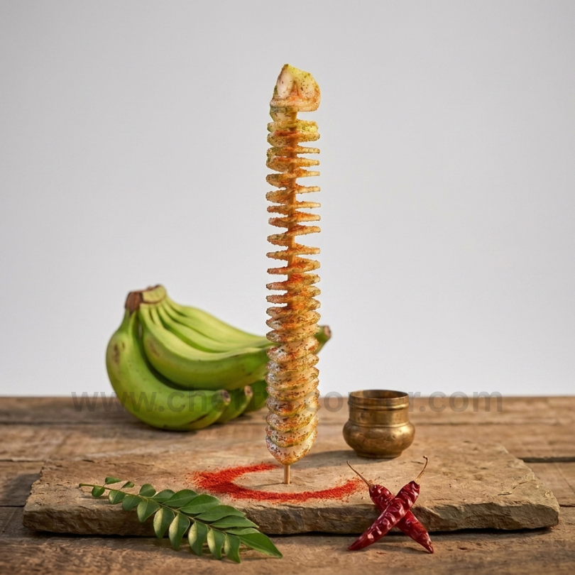 Twistana spiral raw banana twister on a stick, dusted with red chili powder next to fresh green raw bananas.