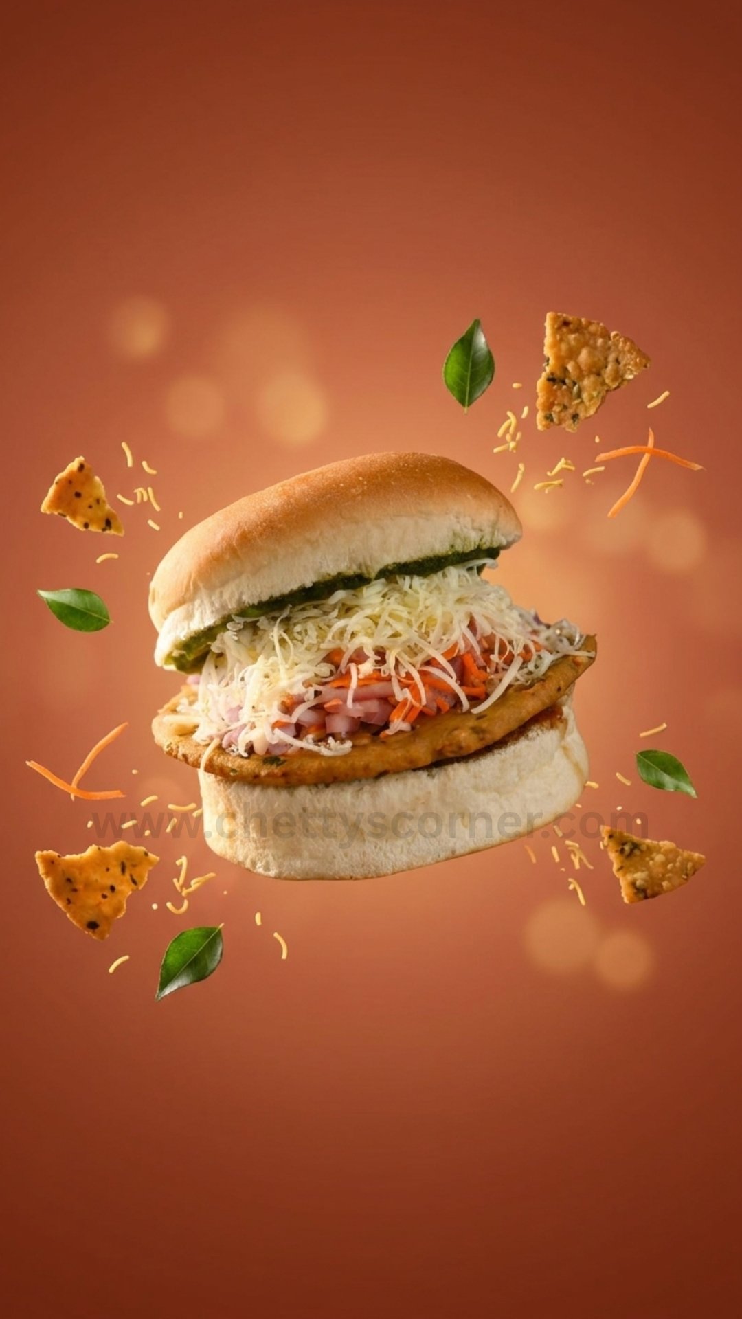 Dynamic floating ingredients of the original Bun Nippat Cheese showing the crispy rice-flour Nippat.