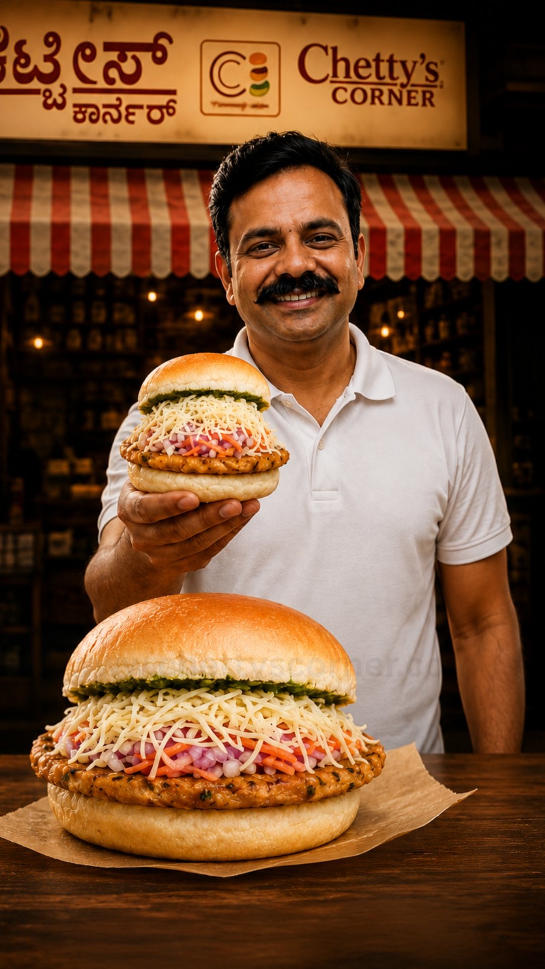 Anil Chetty holding the authentic Bun Nippat Cheese under the Chetty's Corner storefront sign in Bangalore.