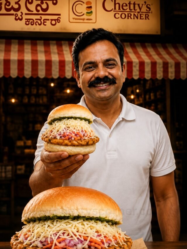 Anil Chetty holding the authentic Bun Nippat Cheese under the Chetty's Corner storefront sign in Bangalore.